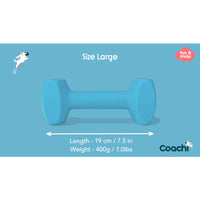 Coachi Training Dumbbell Large with detailed measurements of 19cm length and 400g weight, perfect for large-sized dogs and puppies.