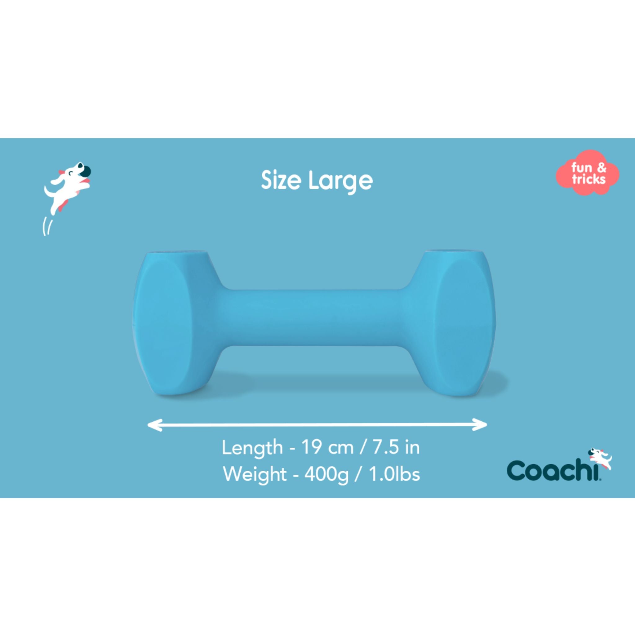 Coachi Training Dumbbell Large with detailed measurements of 19cm length and 400g weight, perfect for large-sized dogs and puppies.