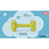 Coachi Training Dumbbell Medium Lime floating in water with annotations describing its durability, buoyancy, and classic retrieval style.