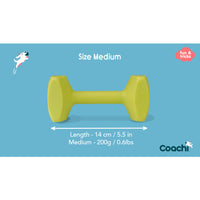 Coachi Training Dumbbell Medium Lime with detailed measurements of 14cm length and 200g weight, perfect for medium-sized dogs.