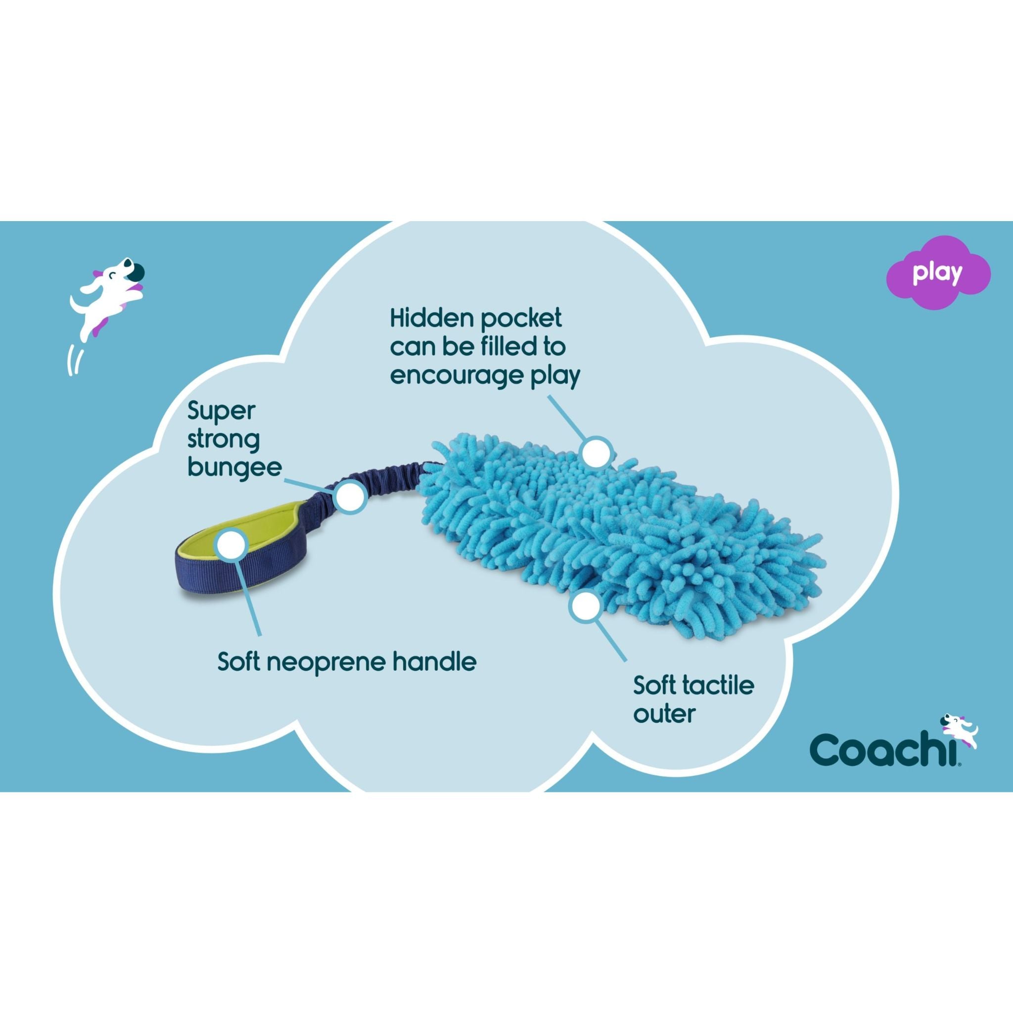 An vibrant  image highlighting the features of the Coachi Tuggi Hide interactive training toy for dogs.