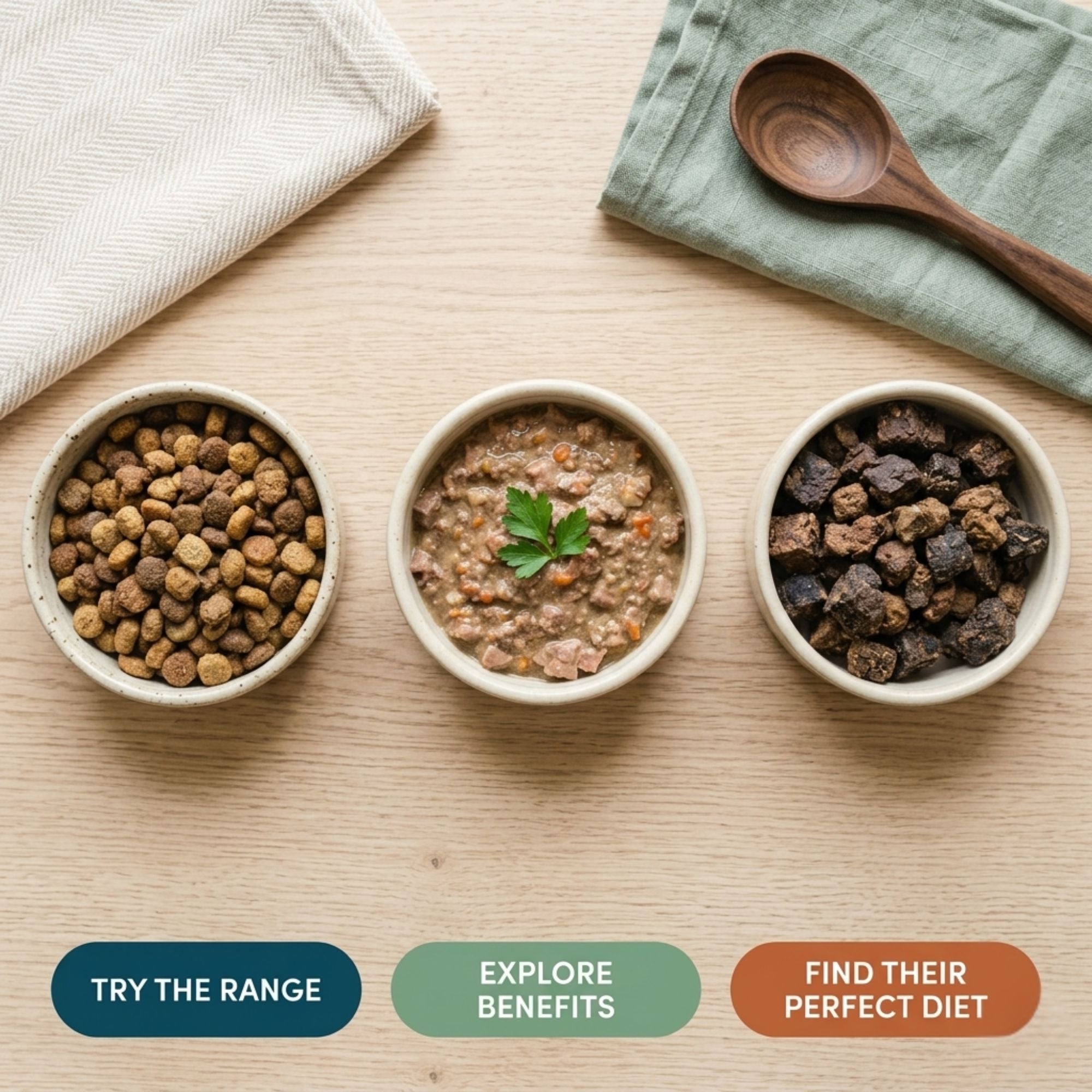 An overhead flat lay of three ceramic bowls containing dry kibble, wet stew with parsley, and air-dried dog food chunks on a light wood surface.