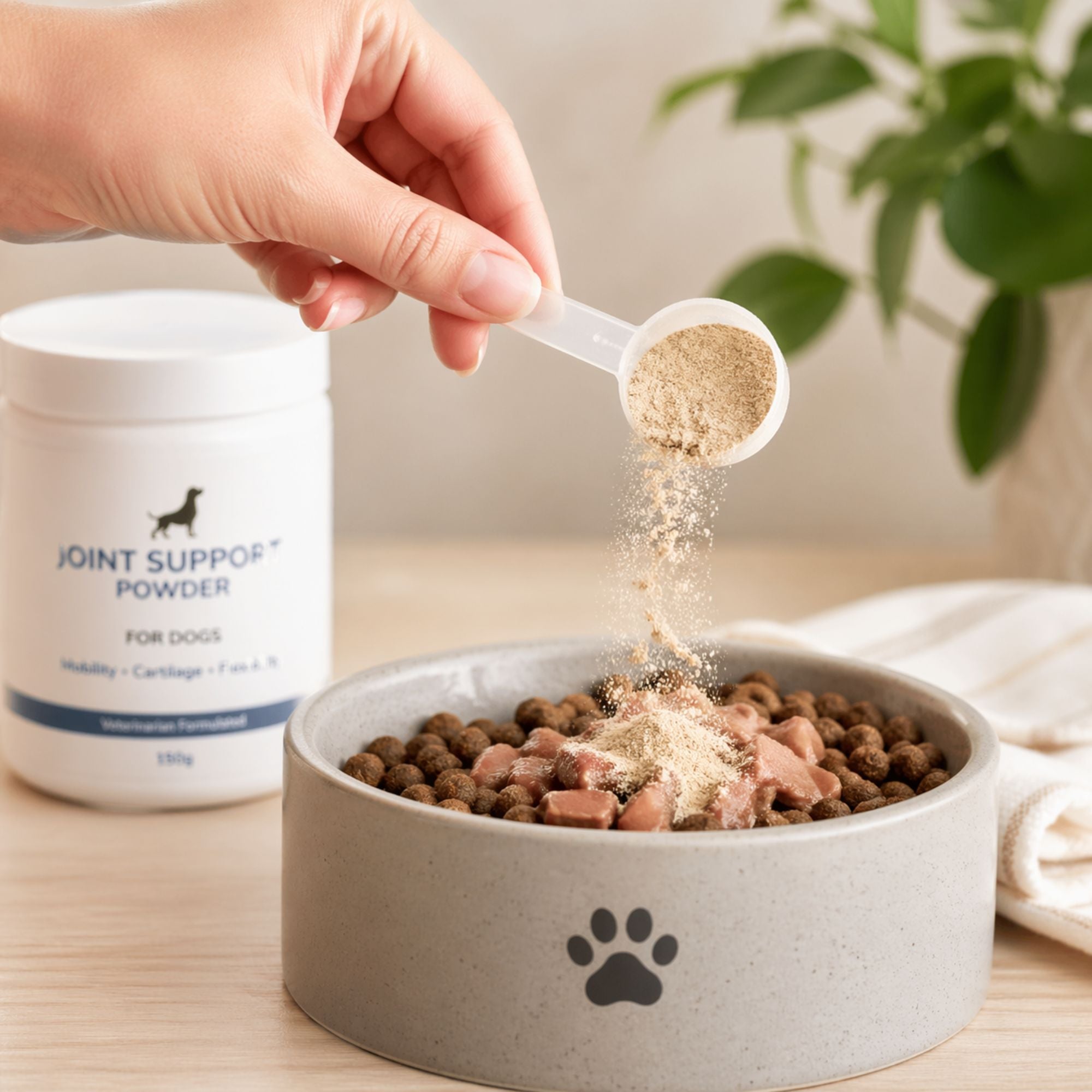 Powder dog joint supplement being added to food for daily joint support