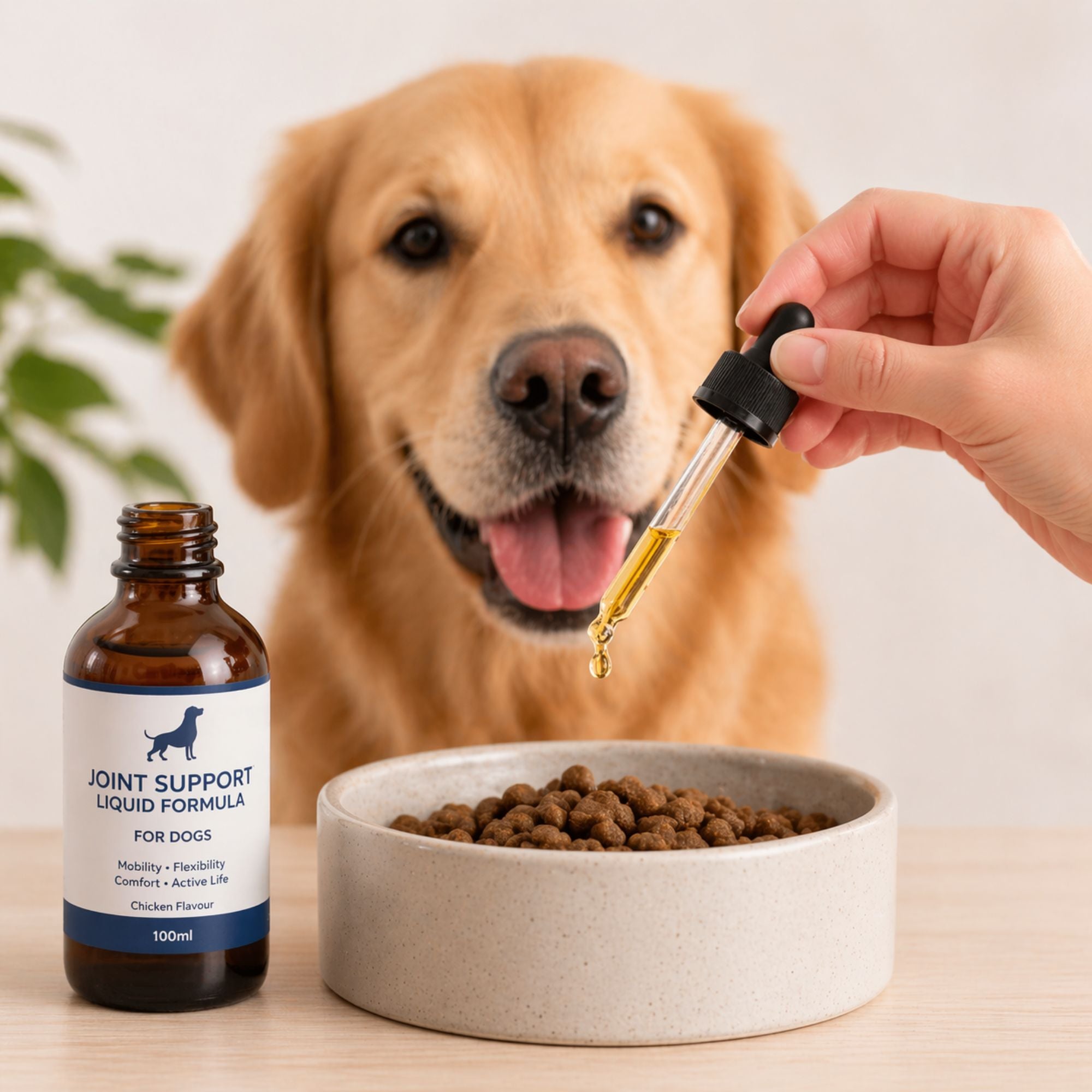 Liquid dog joint supplement with dropper allowing flexible dosing