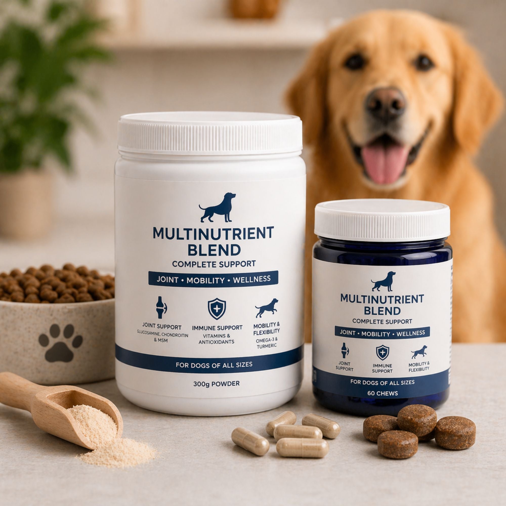 Dog joint multinutrient supplement jars and capsules for complete support