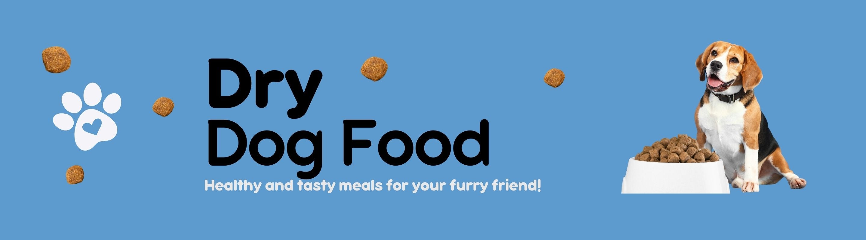Dry Dog Food banner with a dog and white bowl on a blue background