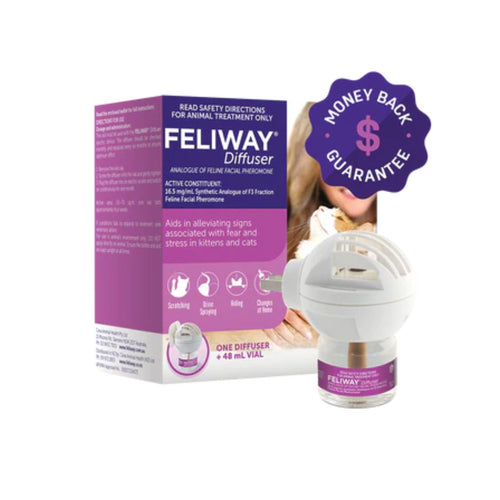 FELIWAY diffuser packaging with a money-back guarantee badge.