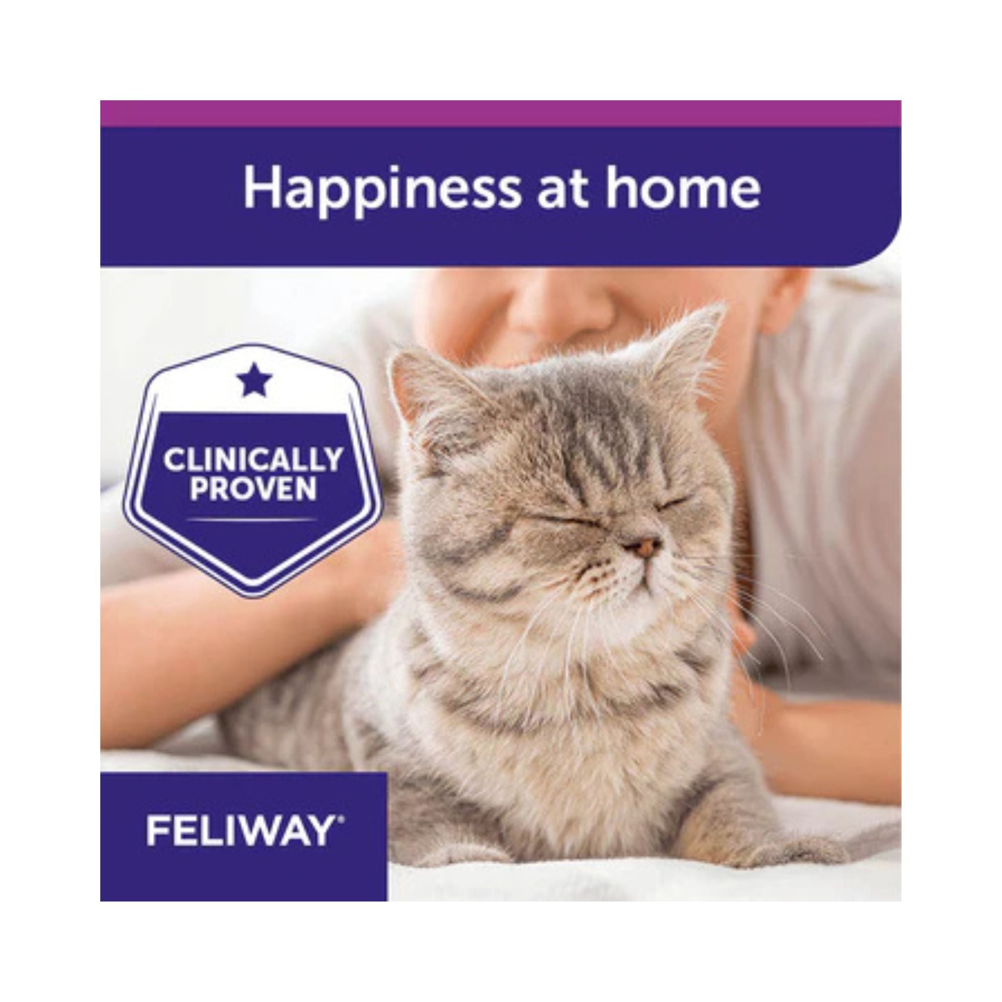 Cat and person with 'Feliway' branding and text about happiness at home.