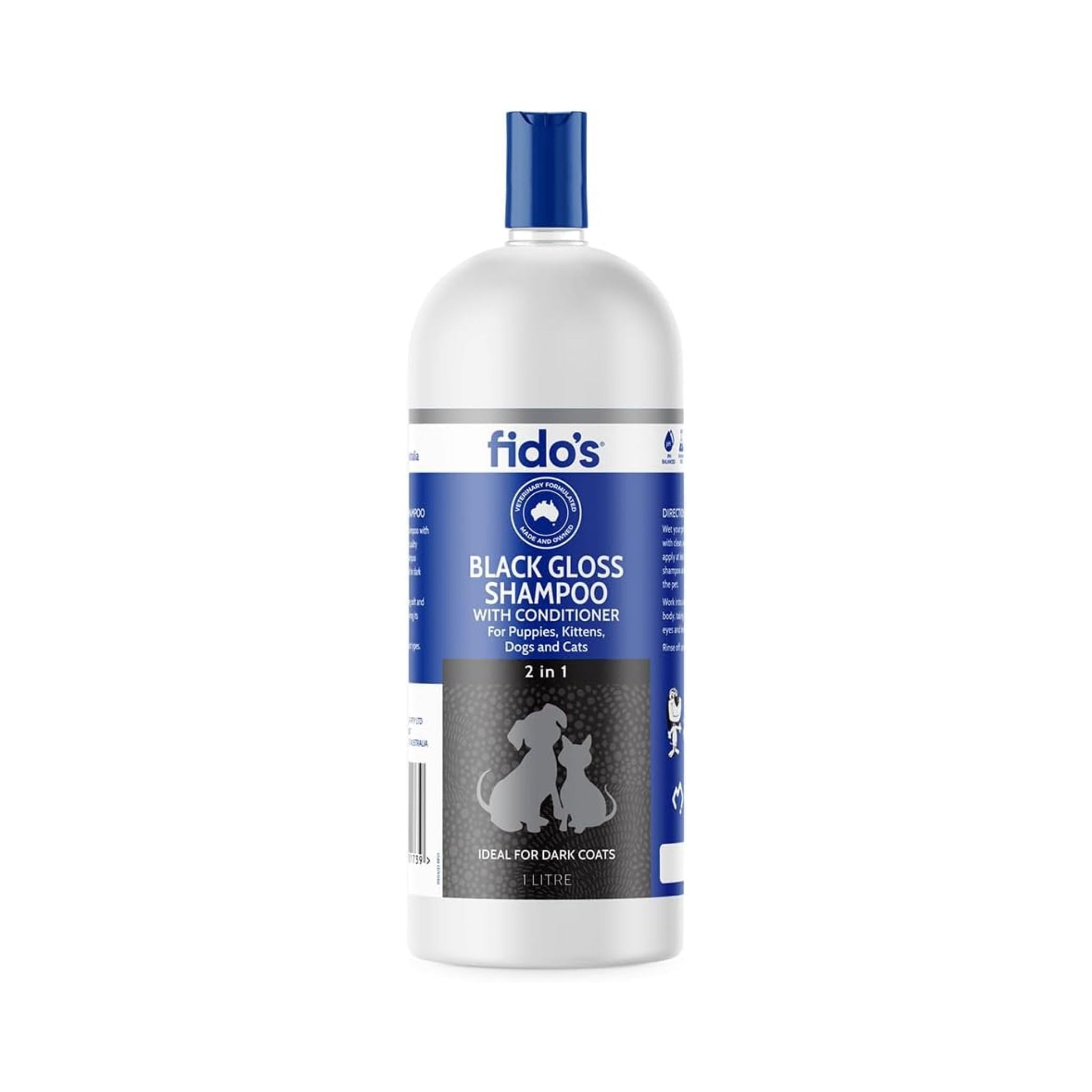 Fido’s Black Gloss Shampoo with Conditioner, 1L bottle. Designed for black and dark-coloured coats, providing shine and softness for pets of all ages.