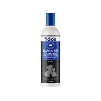 Fido’s Black Gloss Shampoo with Conditioner, 250mL bottle. Perfect for enhancing the shine and softness of black and dark-coloured coats.