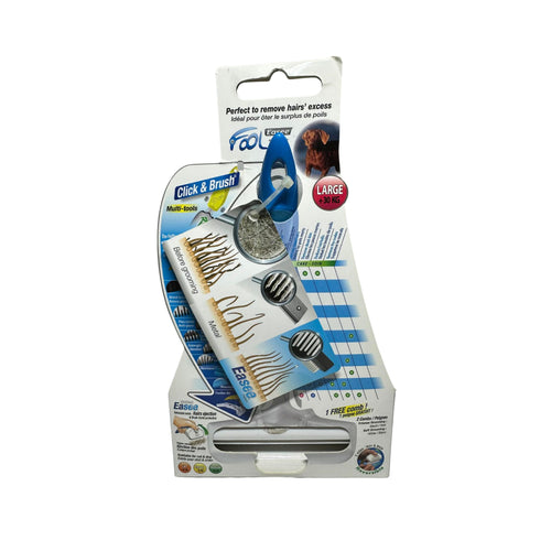 Back of the Foolee Easee Large Dog Deshedding Tool packaging showing product features, usage information, and grooming benefits for large dogs.