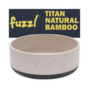 Stone coloured natural bamboo dog bowl with Fuzzl Titan branding