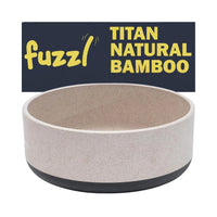 Stone coloured natural bamboo dog bowl with Fuzzl Titan branding