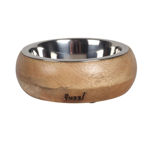 Fuzzl Titan Mango Wood & Stainless Steel Dog Bowl front view with logo, premium hardwood and stainless interior.