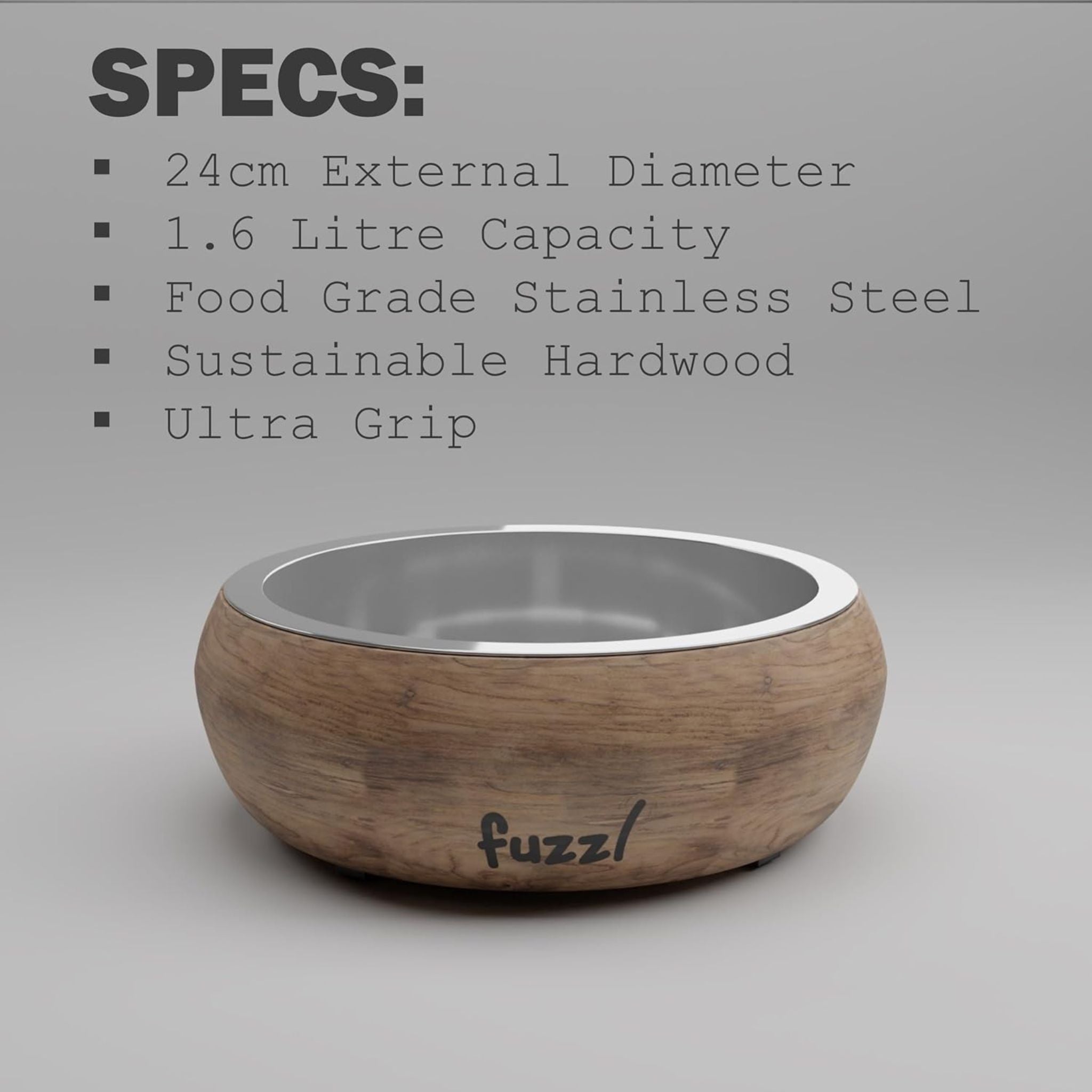Fuzzl Titan Mango Wood & Stainless Steel Dog Bowl – 24cm (1.6L)