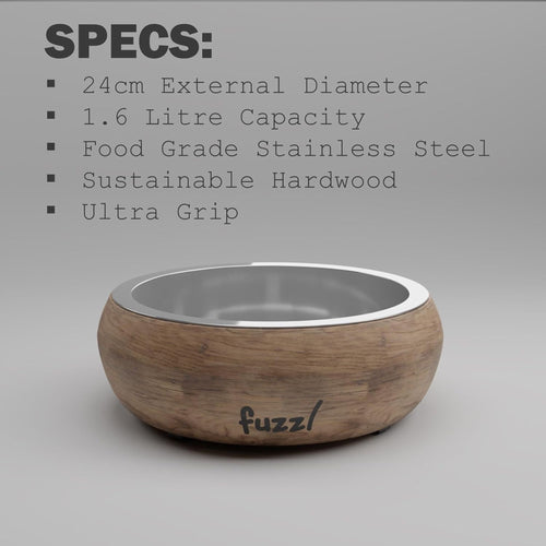 Fuzzl Titan Mango Wood & Stainless Steel Dog Bowl 24cm, 1.6L capacity, food-grade stainless insert, ultra grip base
