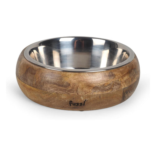 Top view of Fuzzl Titan Mango Wood & Stainless Steel Dog Bowl showing stainless interior and mango wood design.