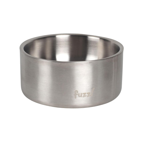 Front view of Fuzzl Titan Thermal Dog Bowl in Brushed Stainless Steel with Fuzzl logo.