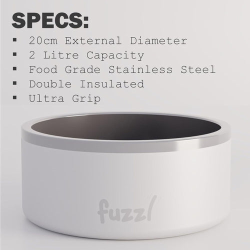 Fuzzl Titan Thermal Dog Bowl in Matt White with measurement specifications and features/benefits displayed.