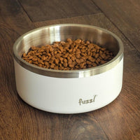 Fuzzl Titan Thermal Dog Bowl in Matt White filled with dry kibble.