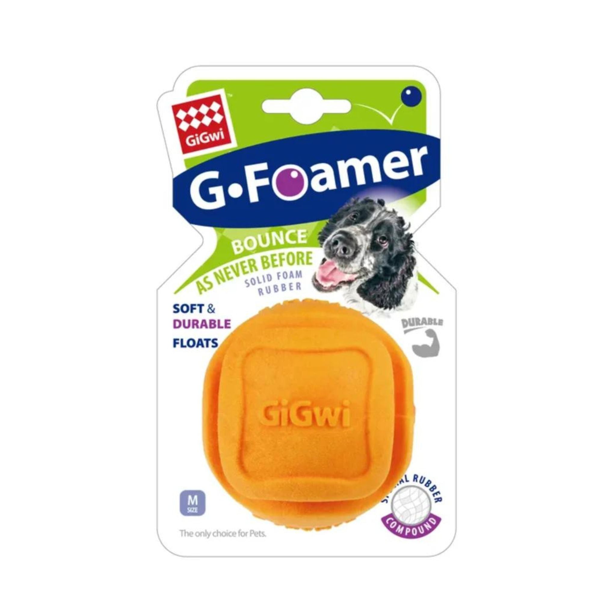 Orange GiGwi G-Foamer Ball for dogs, displayed in branded retail packaging.