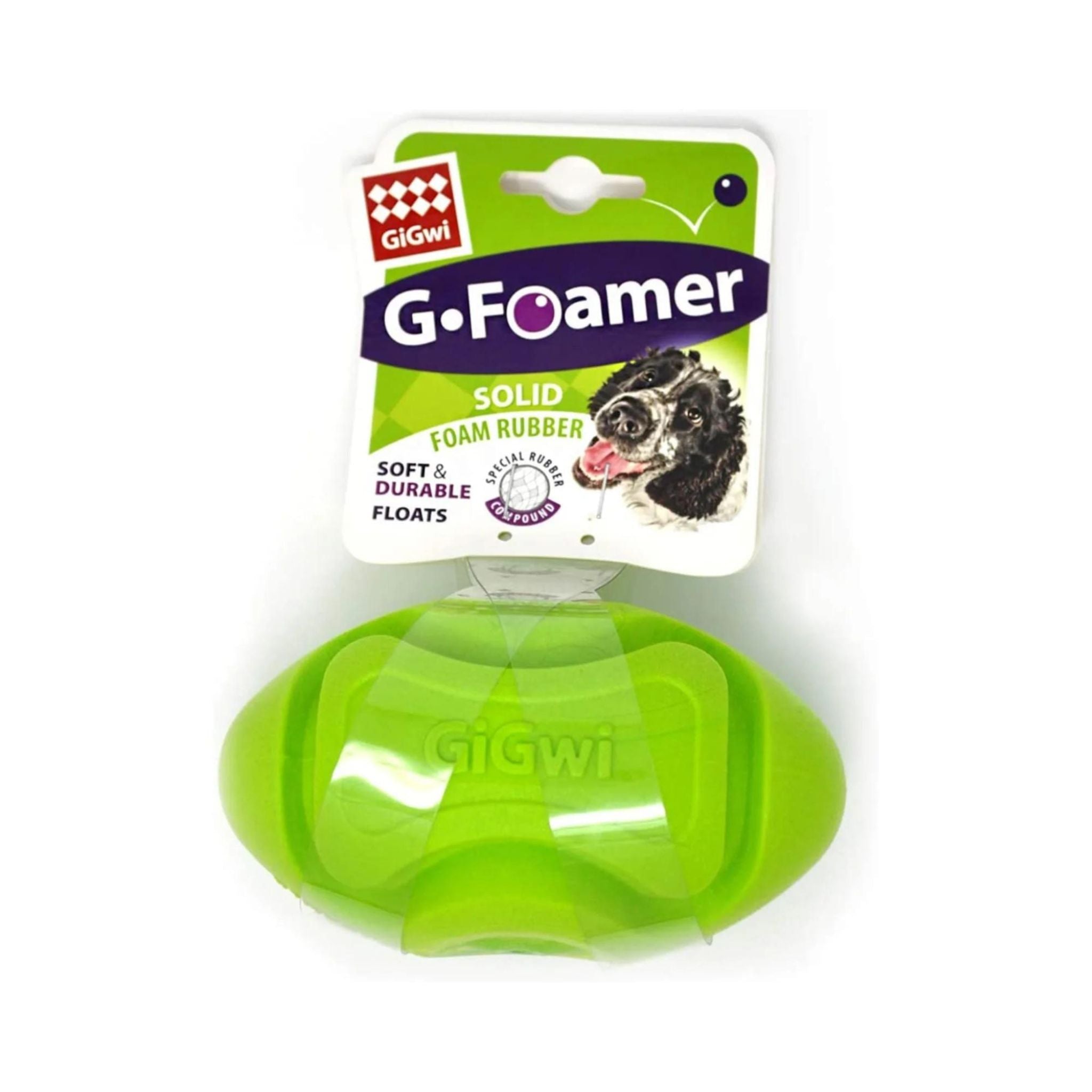 Medium-sized GiGwi G-Foamer Rugby Ball displayed in branded packaging, showcasing its solid foam rubber and that it's soft, durable and floats.