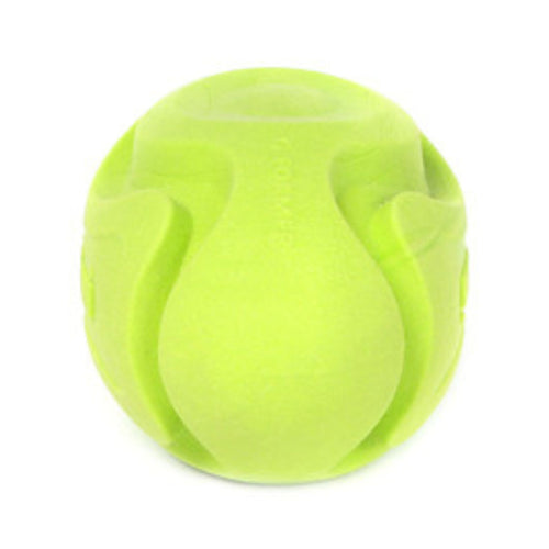 Close-up of the bright green GiGwi G-Foamer Rugby Ball with durable TPR foam texture, designed for moderate chewers.