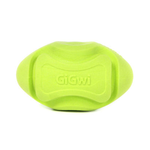 GiGwi G-Foamer Rugby Ball in bright green with unique grooves, made from durable TPR foam, perfect for fetch games with dogs.