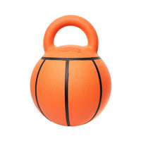 Back view of an orange and black GiGwi Jumball Basketball dog toy.