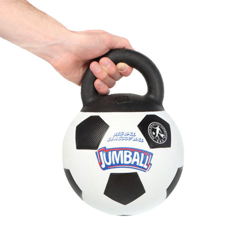 Hand gripping the handle of a GiGwi Jumball Soccer Ball toy for dogs