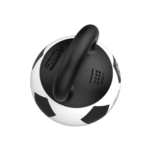 Top view of a black and white GiGwi Soccer Ball dog toy featuring a durable rubber handle