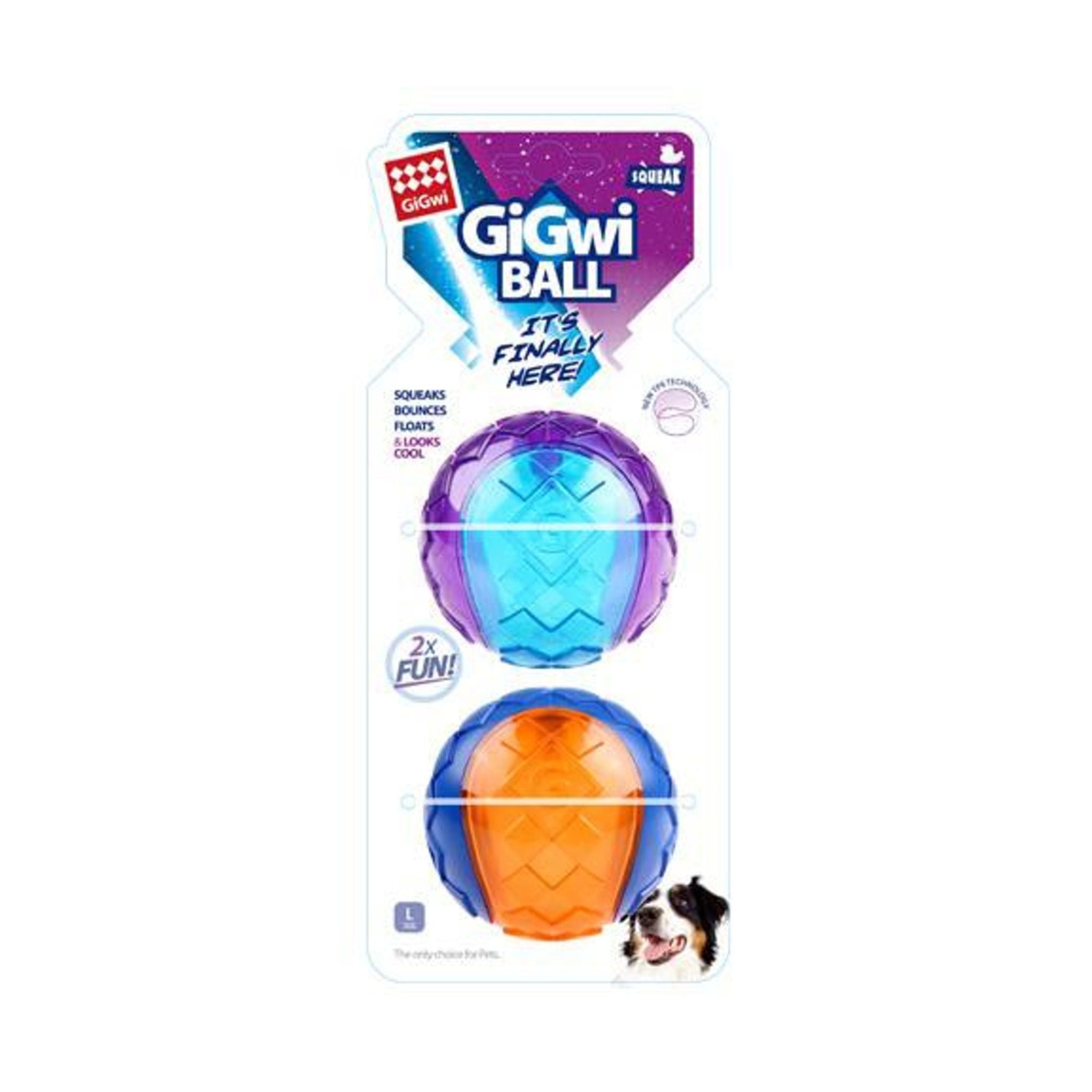 GiGwi Original Ball large twin-pack in retail packaging, perfect dog toy for outdoor and indoor playtime.