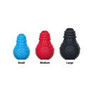 Three textured GiGwi Treat Dispensing Bulb-shaped pet toys in small blue, medium red, and large black sizes, shown on a white background with size labels underneath.