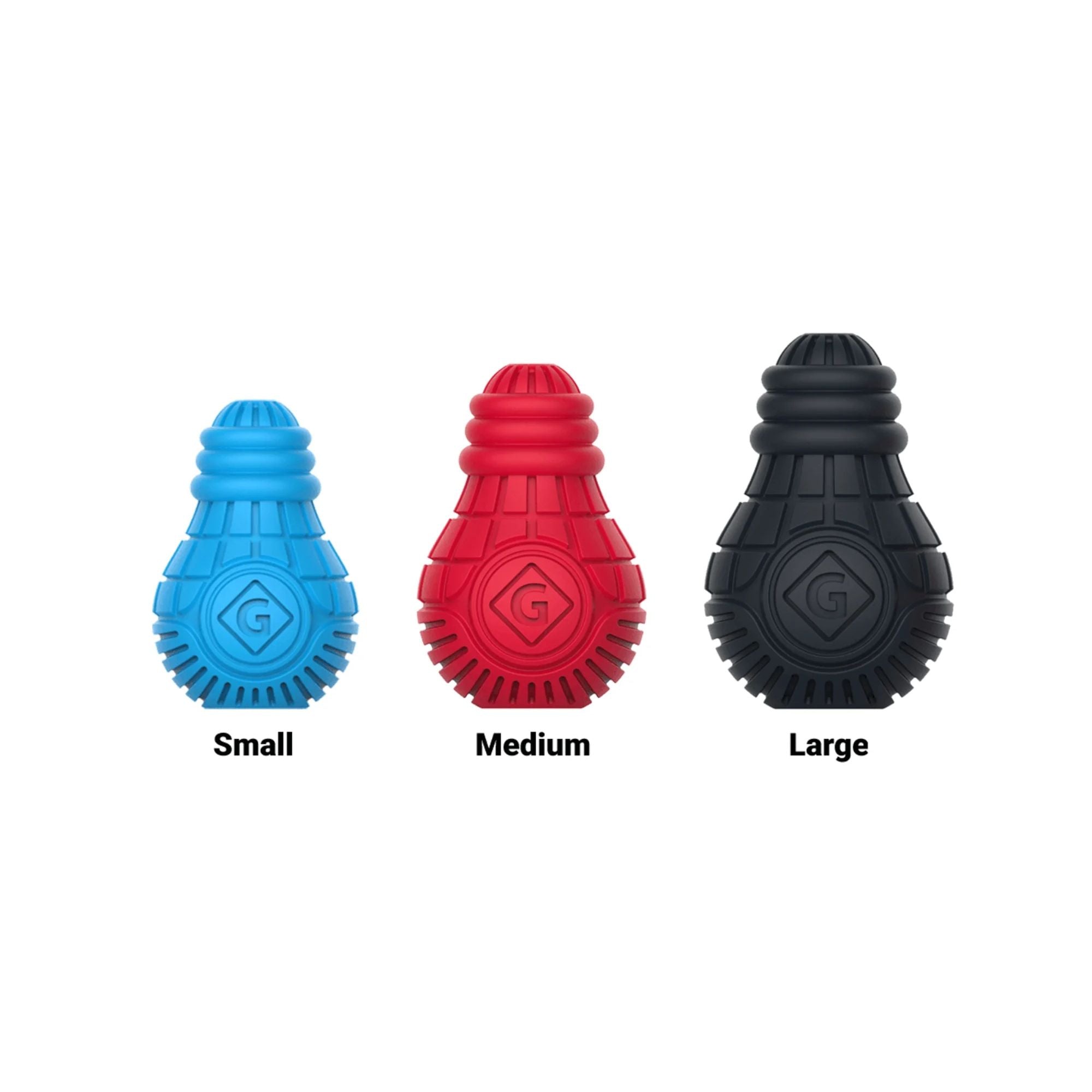 Three textured GiGwi Treat Dispensing Bulb-shaped pet toys in small blue, medium red, and large black sizes, shown on a white background with size labels underneath.