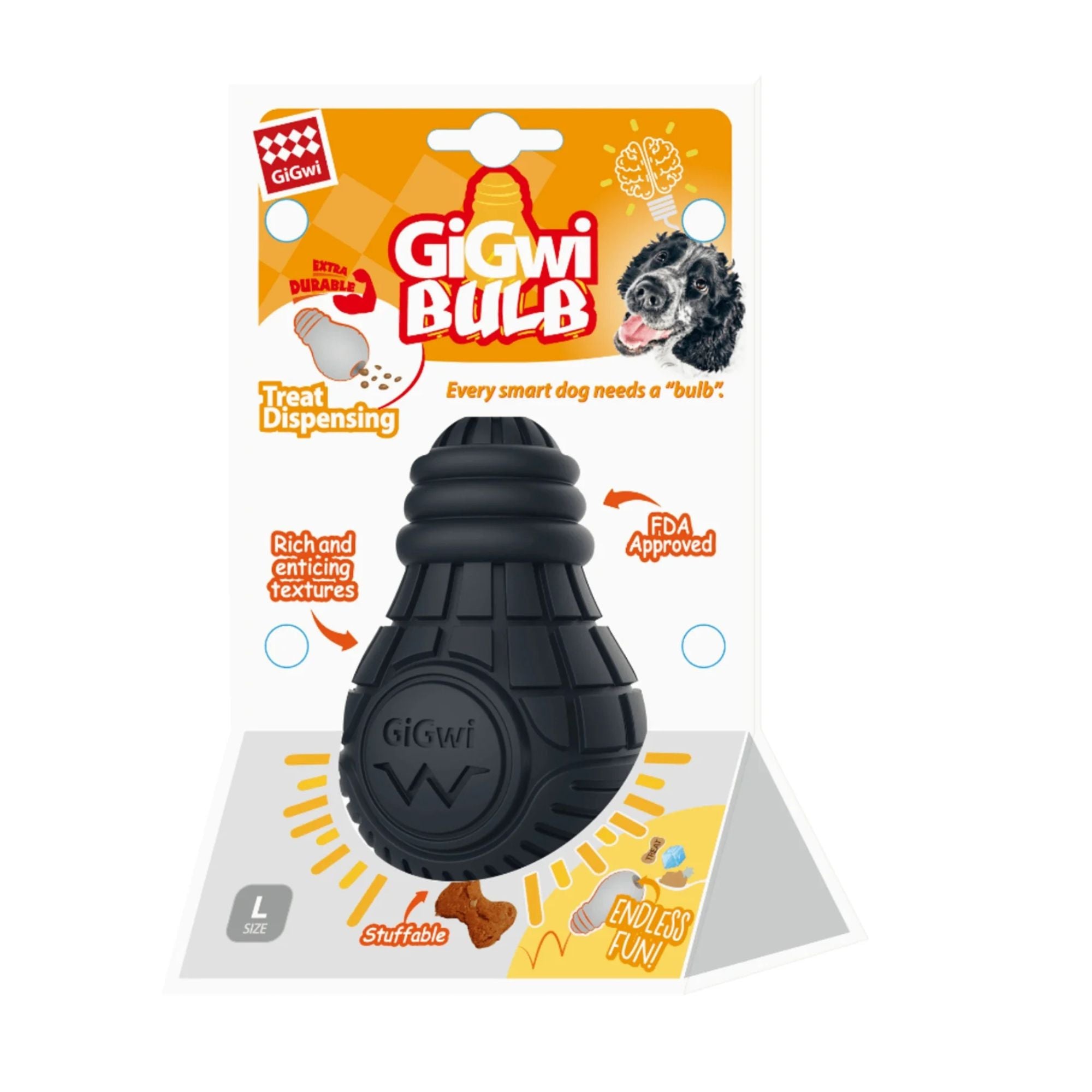 GiGwi Treat Dispensing Bulb Large in black, shown in retail packaging