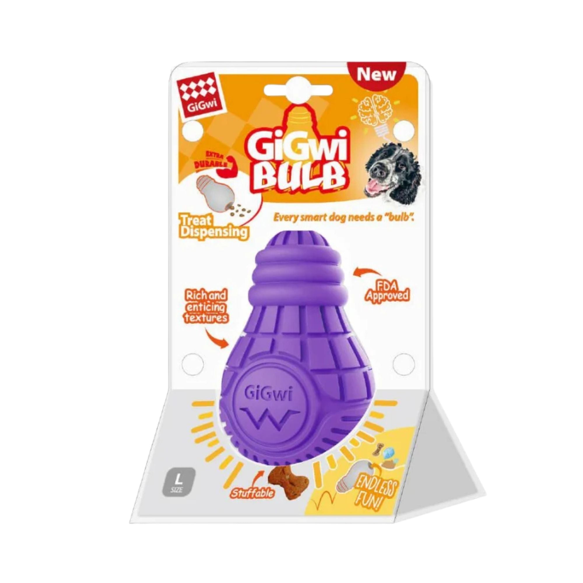 GiGwi Treat Dispensing Bulb Large in purple, shown in retail packaging