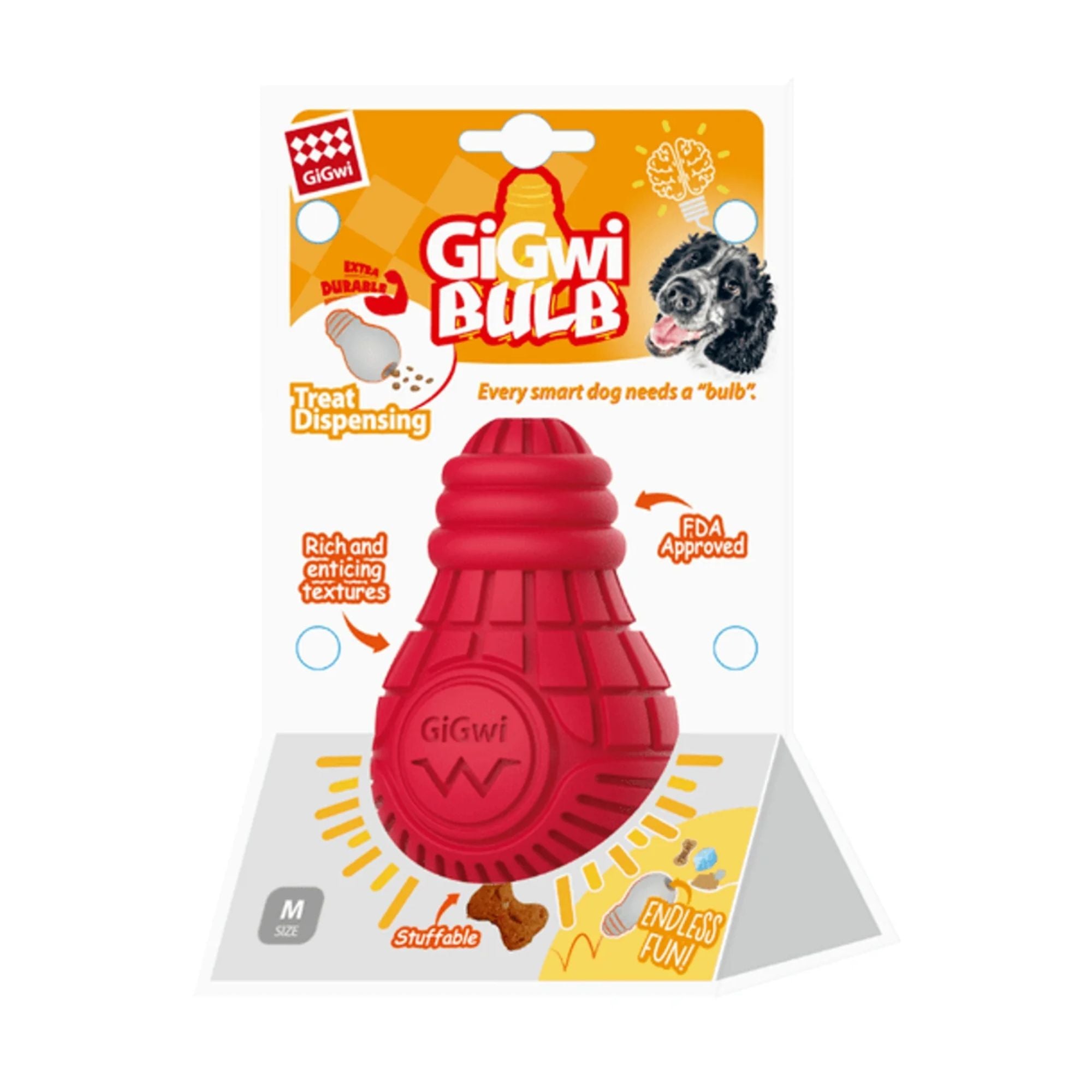 GiGwi Treat Dispensing Bulb Medium in red, shown in retail packaging