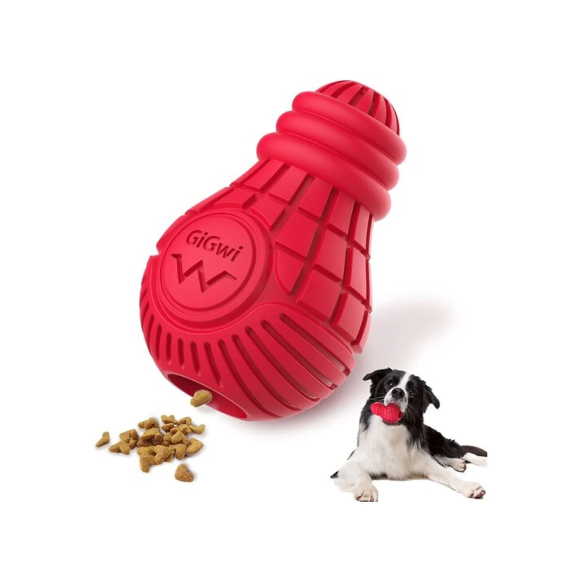 Close-up of the Medium red GiGwi Treat Dispensing Bulb with treats dispensing from inside