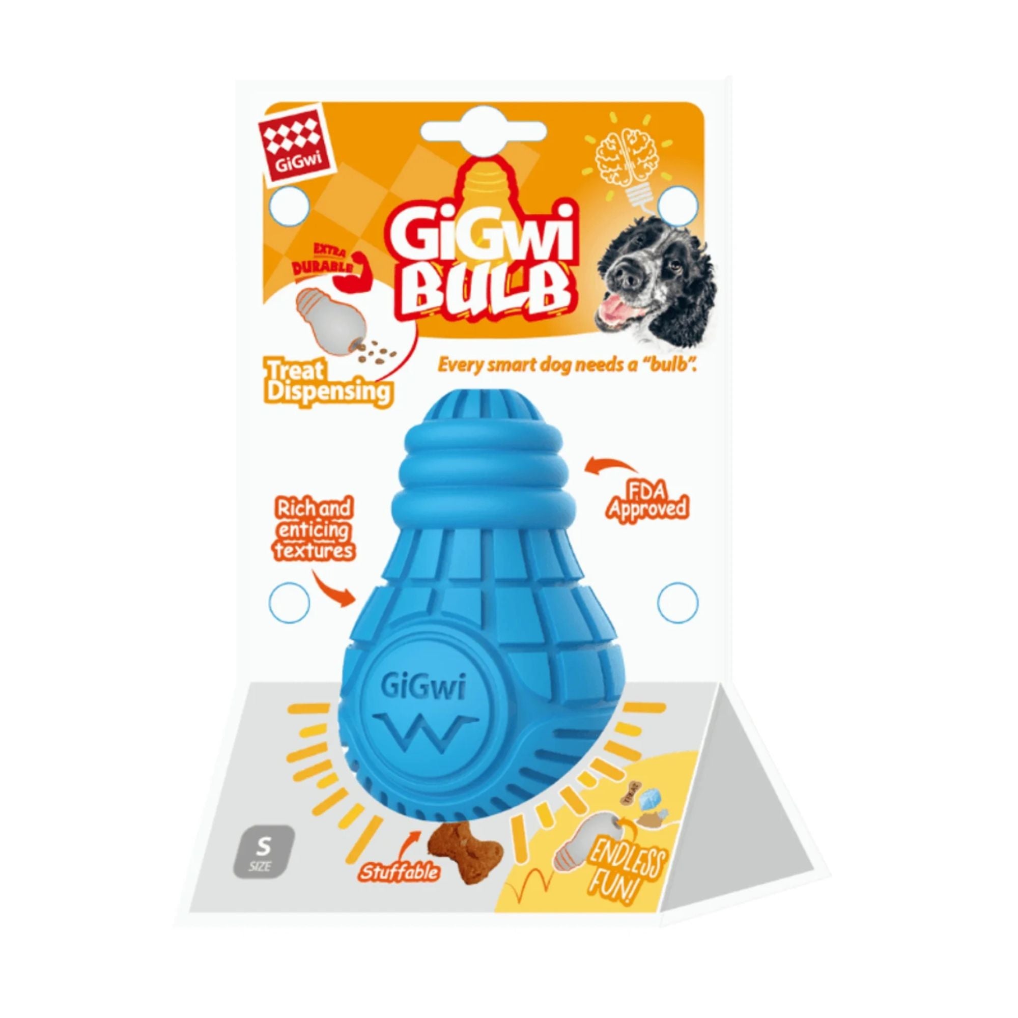 GiGwi Treat Dispensing Bulb Small in blue, shown in retail packaging