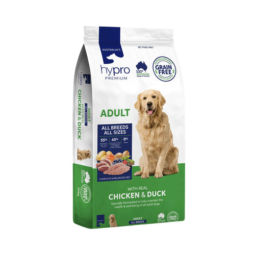 Front view of Hypro Premium Chicken & Duck Grain-Free Adult Dog Food 20kg bag