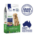 Hypro Premium Chicken & Duck Grain-Free Adult Dog food bag with a hypoallergenic, grain-free, complete and balanced badge and Australian-made icon