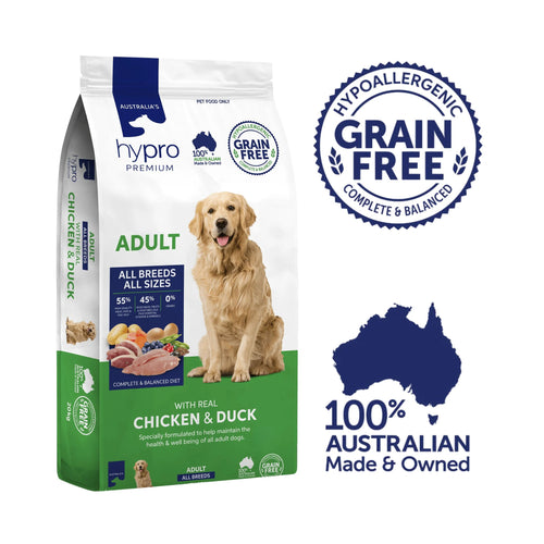 Hypro Premium Chicken & Duck Grain-Free Adult Dog food bag with a hypoallergenic, grain-free, complete and balanced badge and Australian-made icon