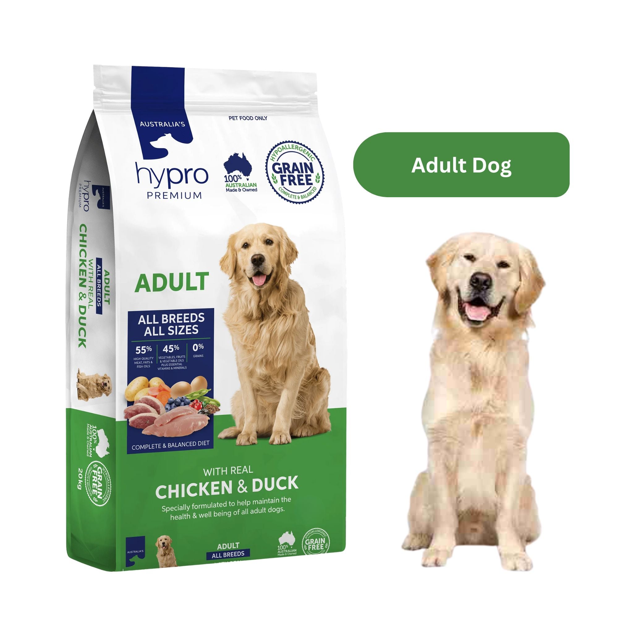 Hypro Premium Chicken & Duck Grain-Free Adult Dog food bag with a golden retriever