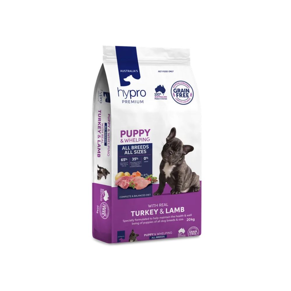 Australian made grain-free puppy food. Hypro Premium with real turkey and lamb. 20kg