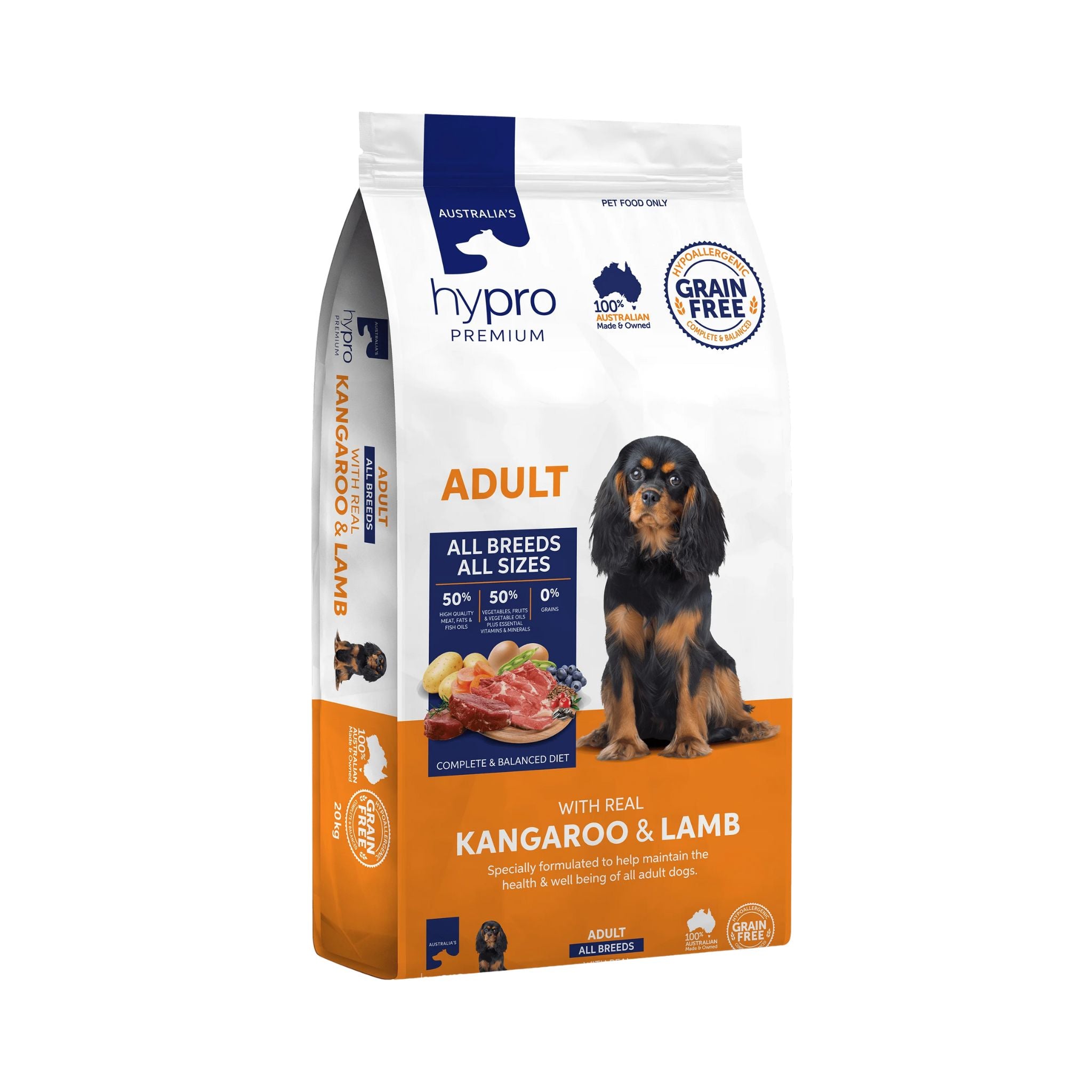 Front view of Hypro Premium Kangaroo & Lamb Grain-Free Adult Dog Food 20kg bag