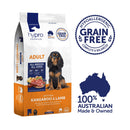 Hypro Premium Kangaroo & Lamb Grain-Free Adult Dog Food bag with hypoallergenic, grain-free, complete and balanced badge