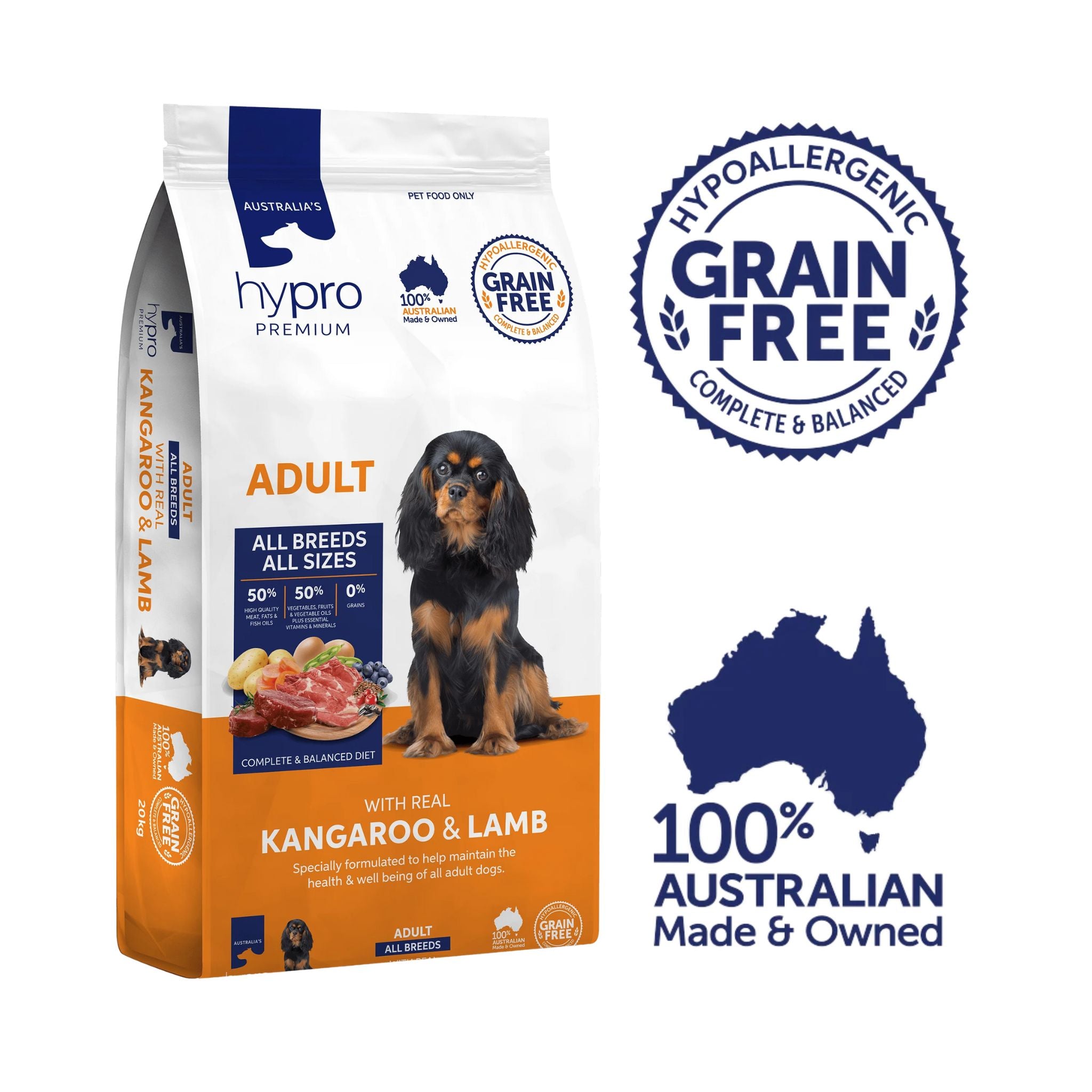 Hypro Premium Kangaroo & Lamb Grain-Free Adult Dog Food bag with hypoallergenic, grain-free, complete and balanced badge