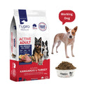 Hypro Premium Kangaroo & Turkey Grain-Free Adult Dog Food 20kg bag with working dog, food bowl, and working dog label