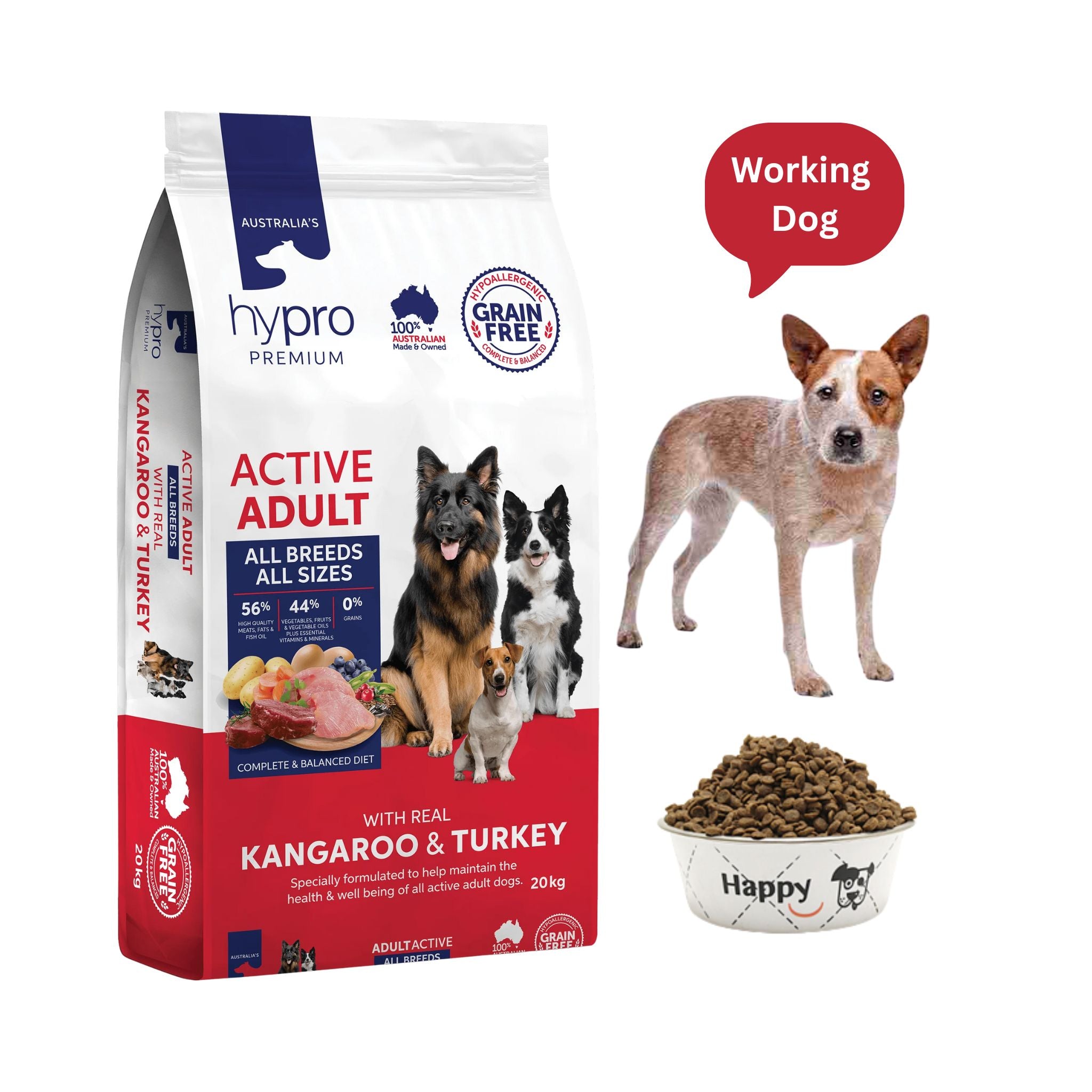 Hypro Premium Kangaroo & Turkey Grain-Free Adult Dog Food 20kg bag with working dog, food bowl, and working dog label
