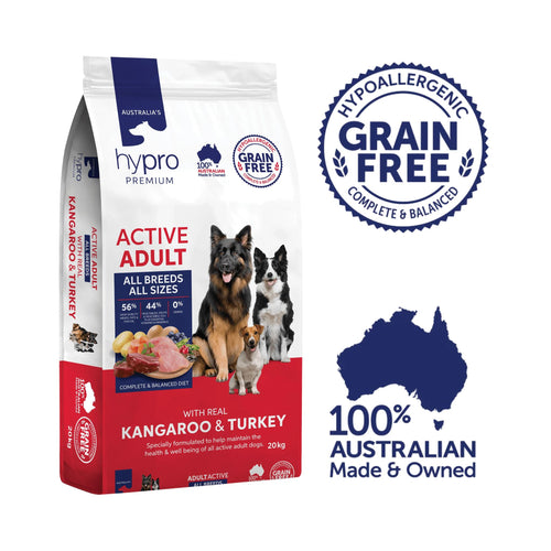 Australian-made Hypro Premium kangaroo and turkey grain-free dog food 20kg